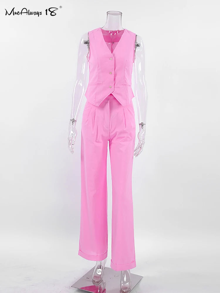 Mnealways18 Khaki Elegant Women 2 Pieces Sets Cotton Linen V-Neck Sleeveless Vest Outfit Summer Vacation Wide Leg Pant Sets 2023