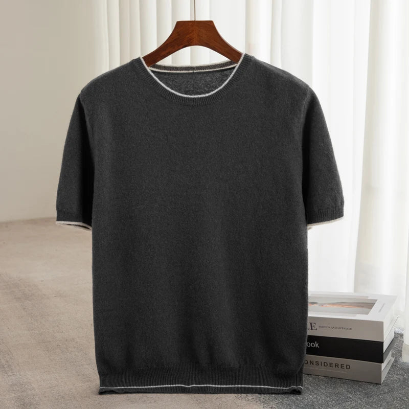 Splicing Together Cashmere Pullover Men Knitwear Pure Wool sweater O-Neck Short sleeve Business Casual Soft Warm Clothing Tops