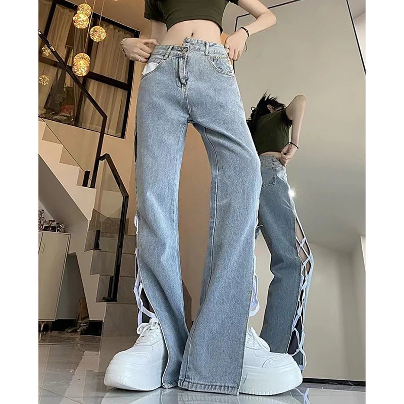 Casual Split Straight Jeans Women Fashion Hollow Out Bandage Design Trousers Woman Korean Style High Waist Blue Denim Pants 2024