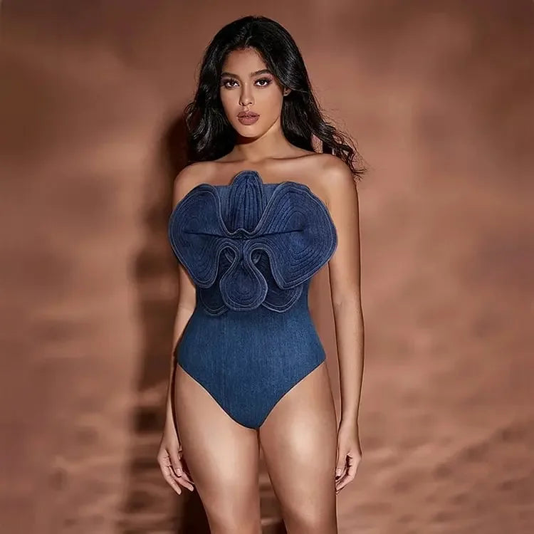 2024 Nuevo hombro 3D Flower Denim impresa un traje de baño de una pieza