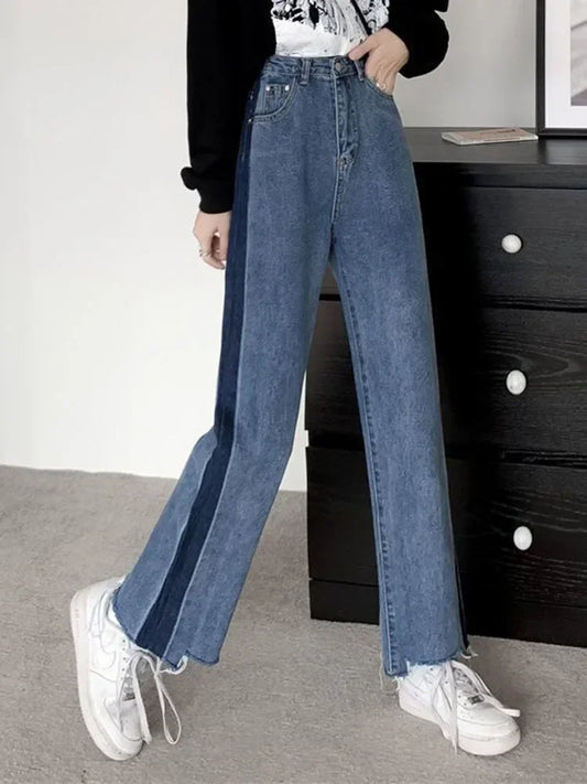 Korean Ankle Length New  Hight Waist Side Stripe Straight Jeans Woman Baggy Big Size 5xl Wide Leg Denim Pants Spring