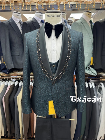 Txjojn New Jacquard Beaded Suit Set 3 Pieces For Men Prom Wear Customized Shawl Lapel Slim Fit Men's Suits Wedding Groom Outfit