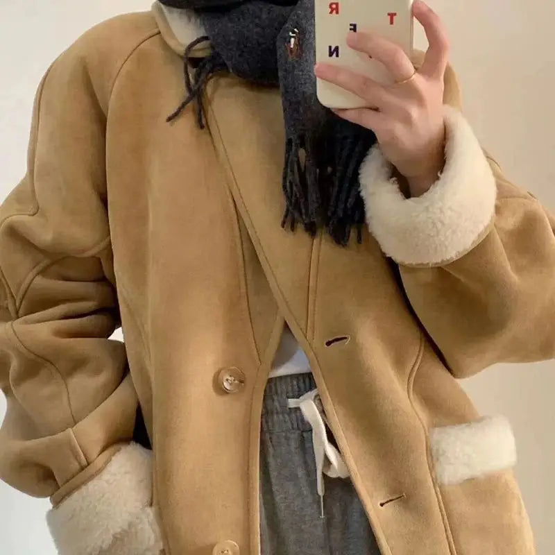 Lady Winter Woman's Fashion Thick Warm Faux Shearling Jacket Coat Vintage Long Sleeve Female Real Wool Outerwear