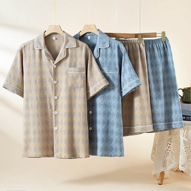 2025 New Summer Pajamas For Men Japanese style Sleepwear 2 Piece Set 100% Cotton Men Nightwear Jacquard fabrics Loungewear