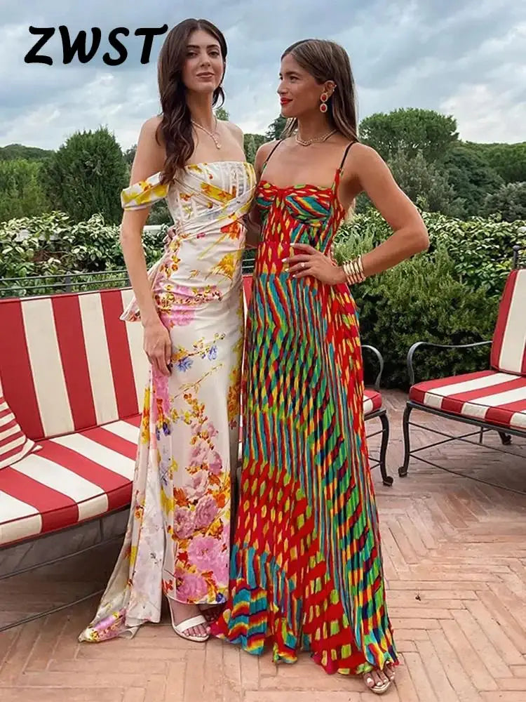 Stampa Abiti maxi con imbracatura a contrasto per donne spiaggia colorato vestito sciolto senza maniche Lady Vacanza estate Vestidos