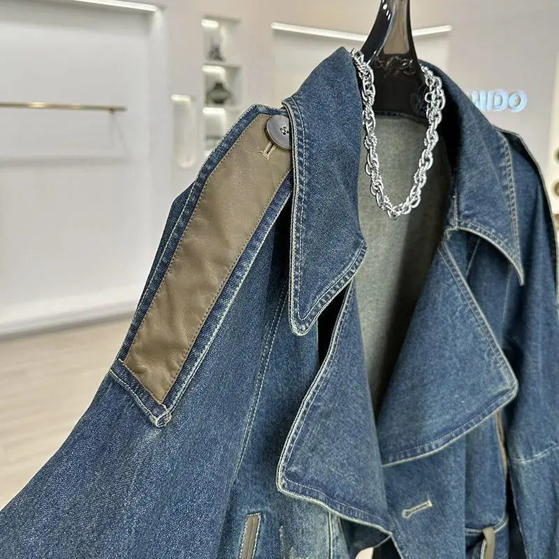 [ZOCI] Worn Leather Patchwork Denim Jacket Women A Sense Of Design Niche Casual Loose Fitting Short Westernized