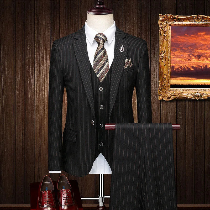 Elegant Men's Boutique Suit Stripe Slim Fit Formal Business Wedding Groom's Set High Quality 3 Pieces Blazer Vest Pants 2025 New