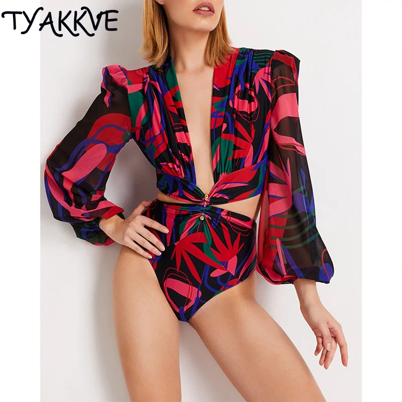 2024 New Sexy One Piece Swimsuit Deep V Neck Swimwear Woman Monokini Long Sleeves Print Cut Bathing Suit Women Summer Beach Wear