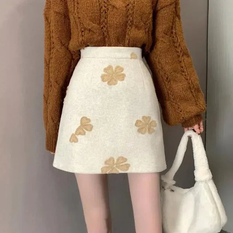 Sweet Fashion Preppy Style Autumn/Winter New Women's Woolen Embroidered Zipper Korean Casual High Waist Slim Short A-line Skirt