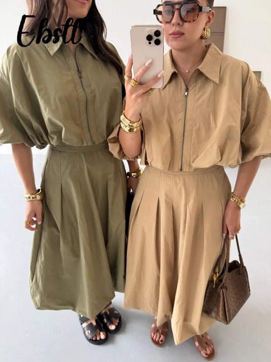 Casual Zipper Lapel Tops Skirts Set Women's Solid Half Lantern Sleeve Short Top Pleated Long Skirt 2025 Autumn New Female Outfit