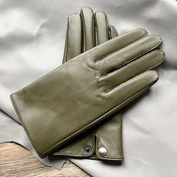 Men's Genuine leather gloves Elegant Army green Warm Gentleman sheepskin gloves in winter Wrist snap fastening