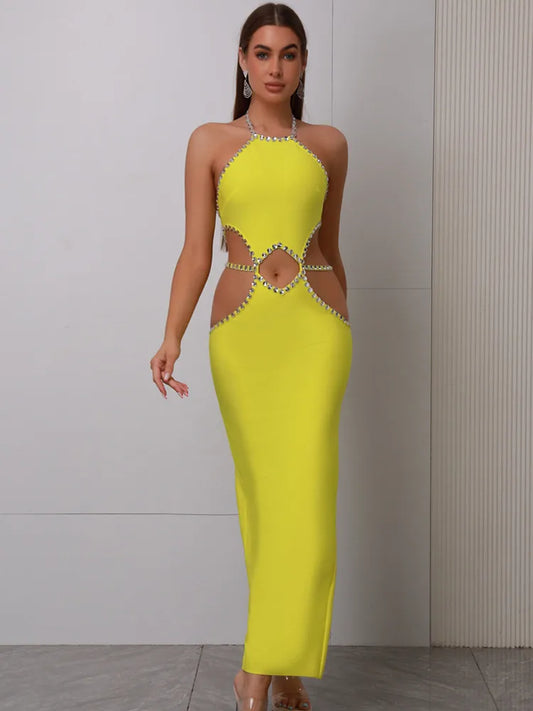 Women Celebrity Sexy Backless Halter Beading Maxi Long Lemon Yellow Bandage Dress 2023 Elegant Evening Club Party Dress