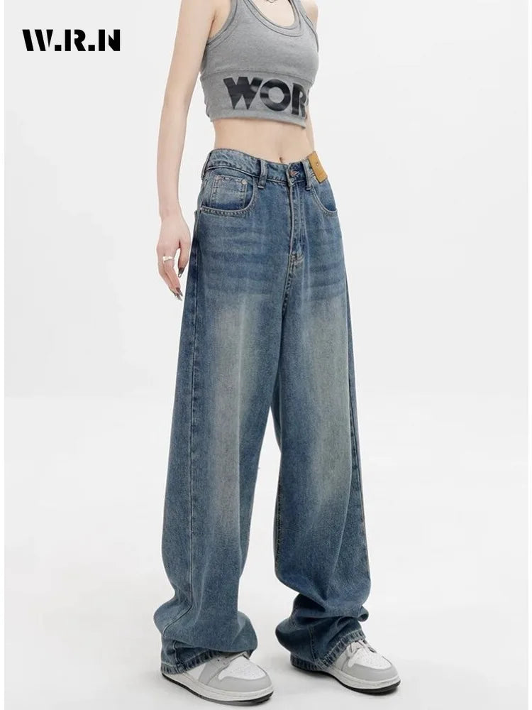 Women Retro Aesthetic Wide Leg Baggy Casual Denim Trouser Harajuku Blue High Waist Loose Jeans 2024 Spring Fashion Pants