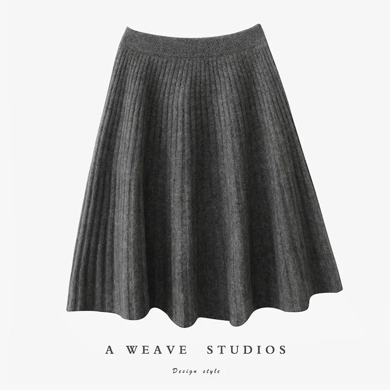 Korean Skirt 100% Merino Wool Women's Knitted Mini Skirt Autumn and Winter Women's Fashion Solid Color Small Umbrella Skirt