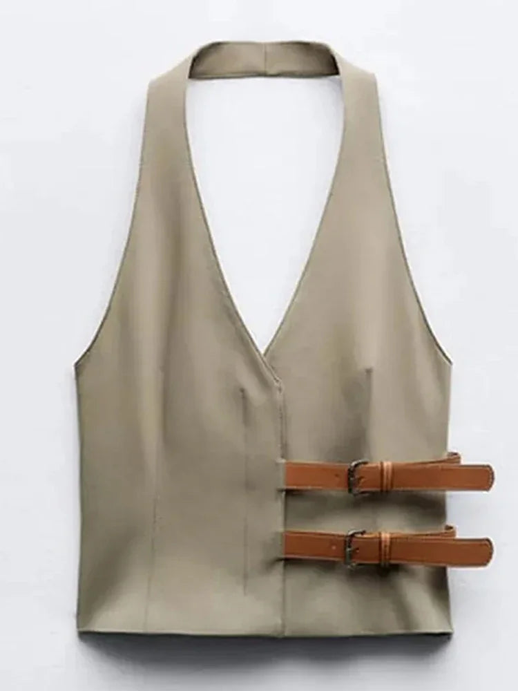 Fashion Leather Belts V-neck Halter Vest Women Elegant Sleeveless Backless Female Tanks Y2k 2024 Spring Summer Lady Waistcoat