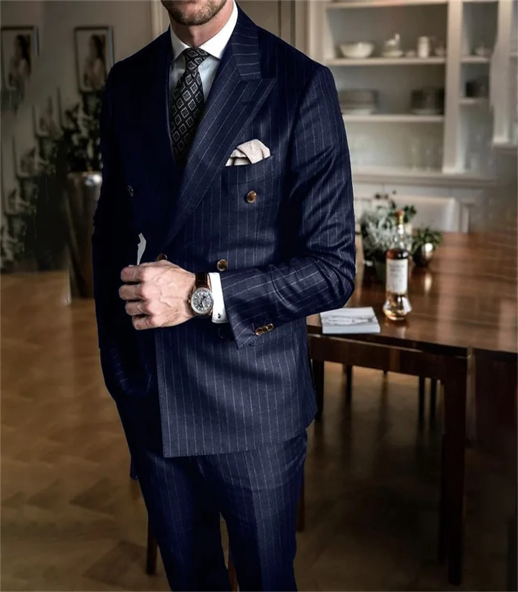 2 Piece Chic Pinstripe Navy Blue Men Suits Set High Quality Formal Double Breasted Peak Lapel Suit Slim Fit Smart Casual Tuxedo