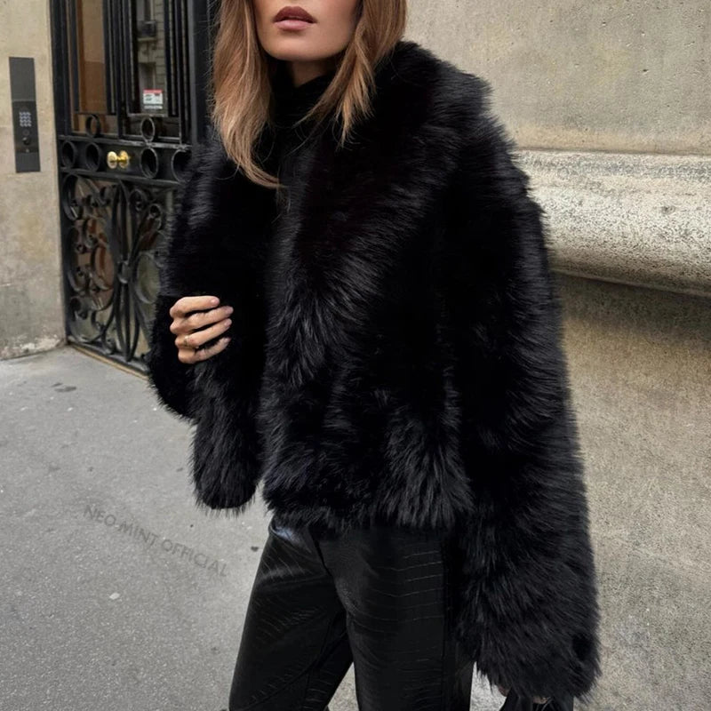 Neo Mint Street Fashion Shawl Collar Faux Fox Fur Coat Women 2024 Winter Cool Girls Black Short Fur Jacket Vintage Chic Overcoat