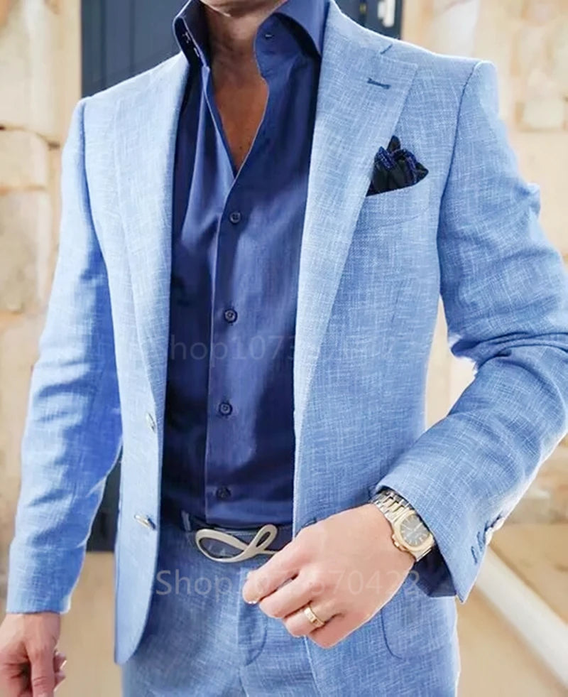 Blue Linen Slim Fit 2-Piece Men's Tuxedo Suits with Notch Lapel Blazer And Pants Set for Wedding Prom Party Groom Costume Homme