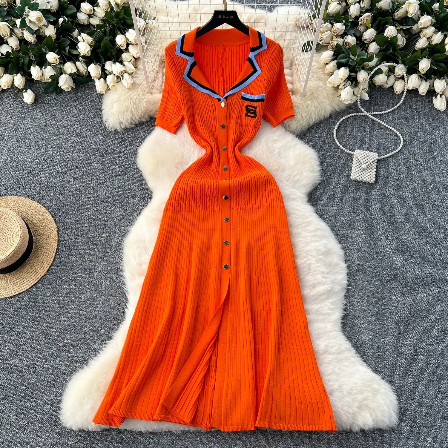 YuooMuoo 2024 Summer Women Knitted Long Dress Brand Fashion Turn-down Collar A-line Sweater Dress Elegant Lady Office Dress Robe