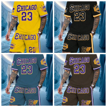 25 New Purple Chiago No.23 Print Men's Casual Short Sleeve T-Shirt Shorts Set Adult Basketball Jogging 2 Piece Set Men Clothing