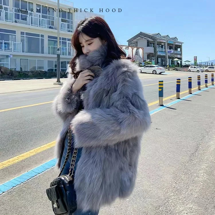 Winter New Faux Fur Coats Women's Clothing Warm Fox Mid Long Fashion Fur Coat Teddy Plush Jacket Warm Belt Buckle Furry Overcoat