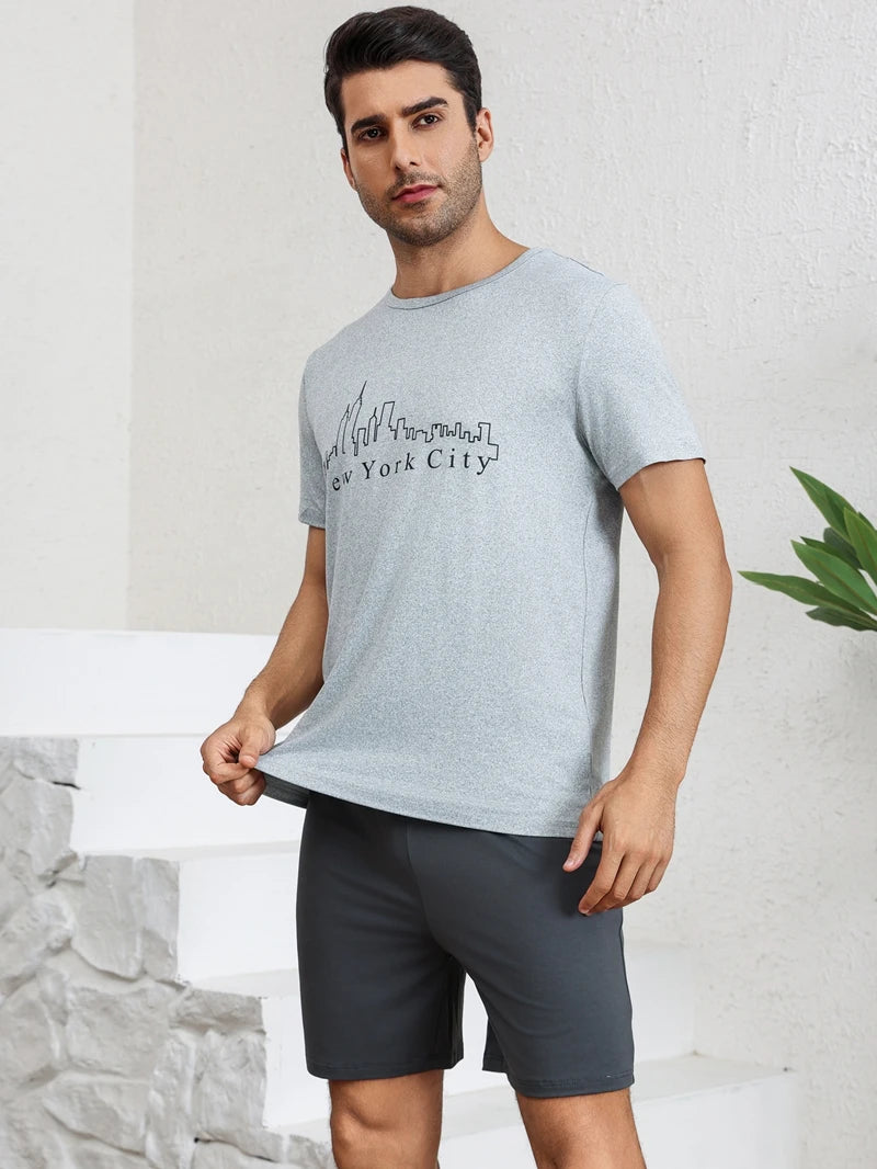 Men's Letters Print Pajama Set Plus Size Short Sleeve Top And Shorts Breathable Loose Relaxed Fit Casual Attire Sports Wear Pjs