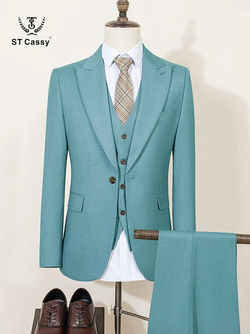 ST Cassy High Quality Men's suits Summer thin Green  Slim Fit Formal Business Office Men's clothing（jacket+Vest+Pants）