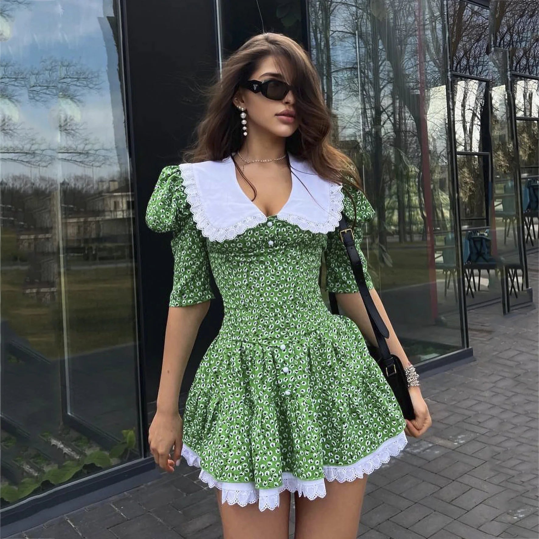 Women's Clothing 2023 Summer Doll Collar Floral Short Sleeve Dress Slim Fit Waist Tutu Skirt Lace Club Party Dress Vestidos