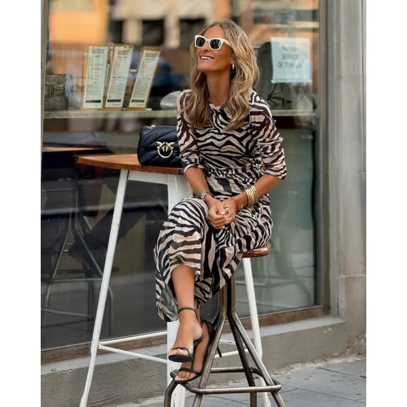 2023 Autumn Winter Dress New Women's Warm Zebra Pattern Velvet Stretch Slim Dress Women Long Sleeve Round-Neck High Waist Dress