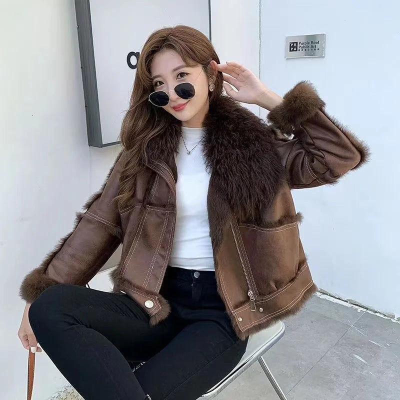 2023 Winter Short Women's Natural Rabbit Hair Lined Sheepskin Collar Coat Fashion Luxury Warm Leather Coat