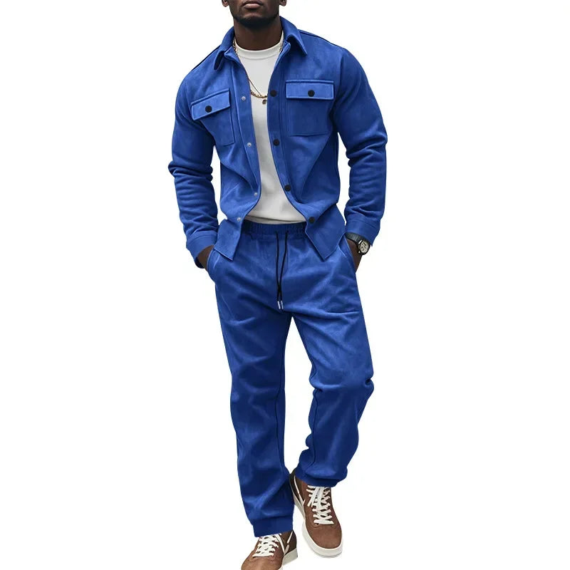Autumn and Winter Cross-border American Heavy Jacket Casual Pants Two-piece Set Solid Color Men's Suede Suit Men's Two Piece Set