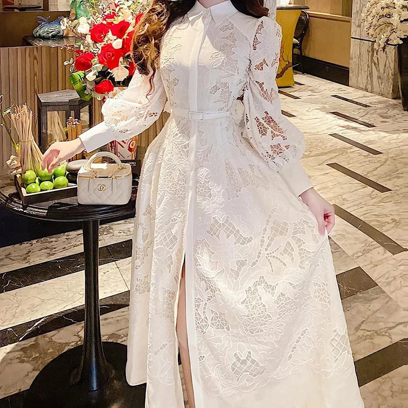 2023 New Luxury Women Lace Embroidery Dress Spring Summer Long Sleeve White Wedding Evening Party Hollow Out Vestido Dresses