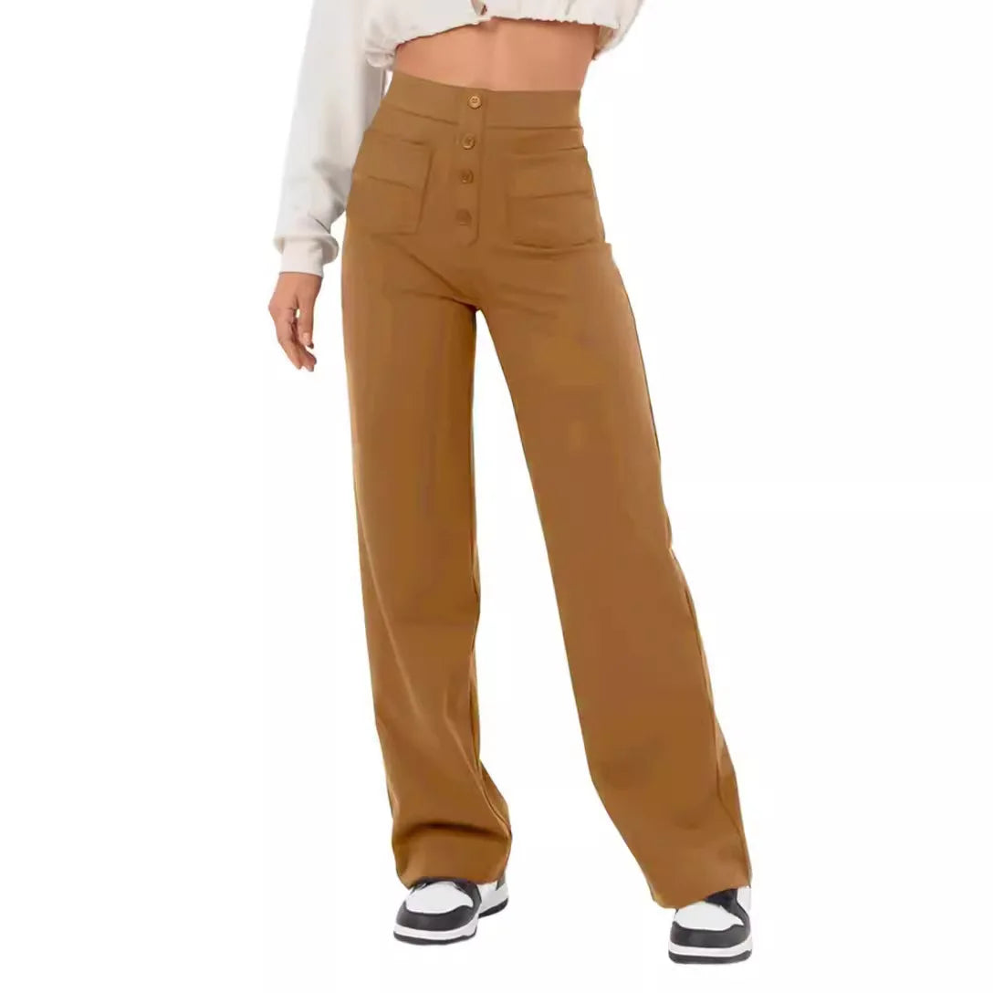 Women's High-waisted Elastic Casual Trousers Fashionable Casual Straight-leg Pants Buttoned Elegant Casual Pants