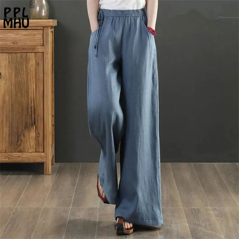 2024 Cotton Linen Wide Leg Pants 4xl Big Size Trousers Women Summer Elastic Waist Casual Ankle-length Pantalones Baggy Sweatpant