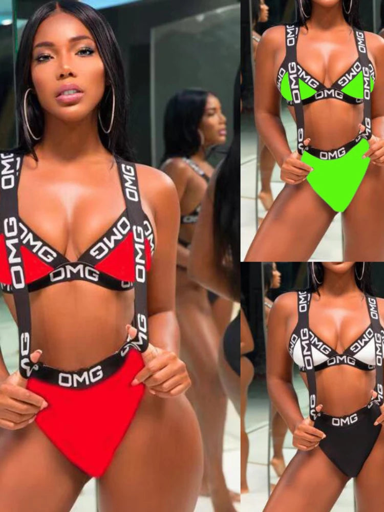 2024 Neon Women Swimsuit Push Up Bikini Swimwear High Waist Bathing Suit OMG Letter Print One Piece Monokini Beachwear Swimsuit