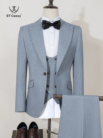 ST Cassy luxury Men Suit light blue Slim Fit Male Groom Wedding Blazers Party Dress  Suit Business Office three-piece