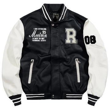 Winter Embroidered Leather PU Jacket Mens Leather Coat  Pilot Casual Fleece Stand Collar CoatWinter Down Jackets Baseball Parkas