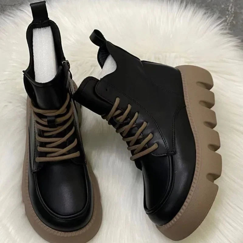 Platform Short Shoes for Women with Laces Footwear Punk Booties Black Combat Lace-up Female Ankle Boots Round Toe Leather Boot