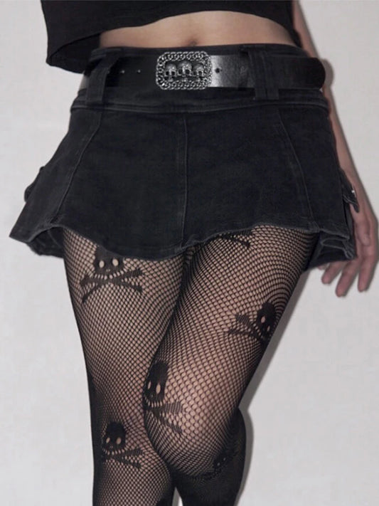 AltGoth Harajuku Y2k Denim Skirt Women Dark Gothic Streetwear Mini Skirt with Skull Belt Mall Goth Punk Grunge Sexy Emo Clubwear