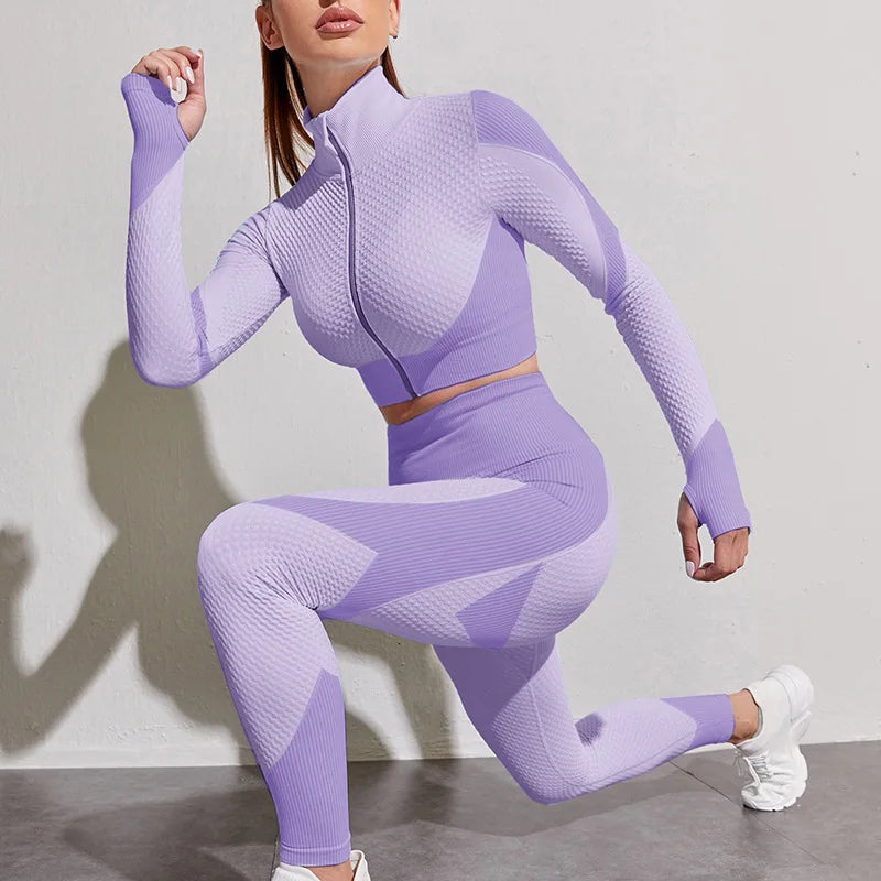 2PCS Seamless Women Yoga Set Workout Sportswear Gym Clothing Fitness Long Sleeve Crop Top High Waist Leggings Sports Suits