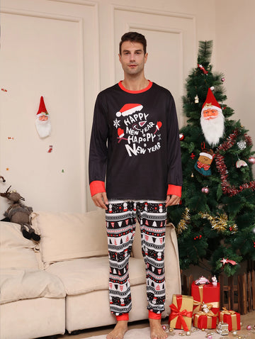Men's Christmas Sleepwear Set, Black Top with Santa Hat & "Happy New Year" Print, Festive Patterned Bottoms