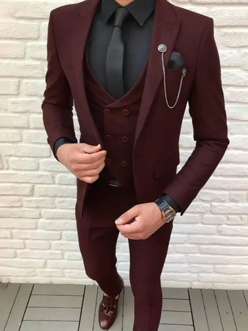 2025 Smart Casual Burgundy Suits for Men Slim Fit Peaked Lapel Solid Tuxedo Man Suit Set Trajes De Hombre Pak Mannen Men Suits