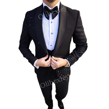 C03 Men Suit 3 Piece Sets Male Prom Blazers Slim Beaded Crystals one buttons Slim Fit for Wedding Groom Tuxedos
