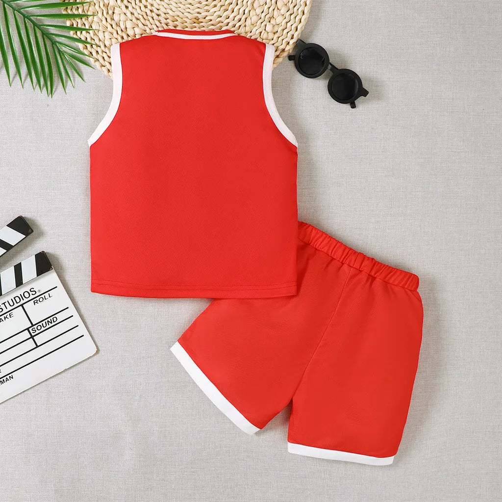 2PCS Child Boy Sports Basketball Red and White Letter Printed Vest Paired with Fashionable Shorts Summer Set for Boy 2-8 Years