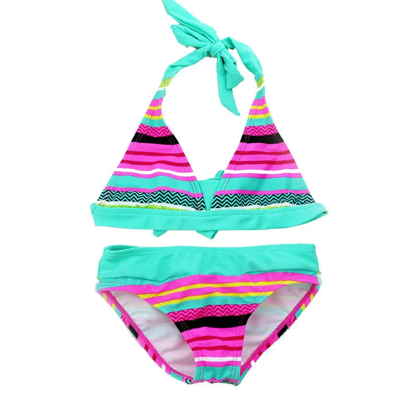 2024 New Summer Girls Close-fitting Elastic Stripe Swimsuit Girls Split Two-pieces Swimwear, Children Stripe Bikini Wholesale