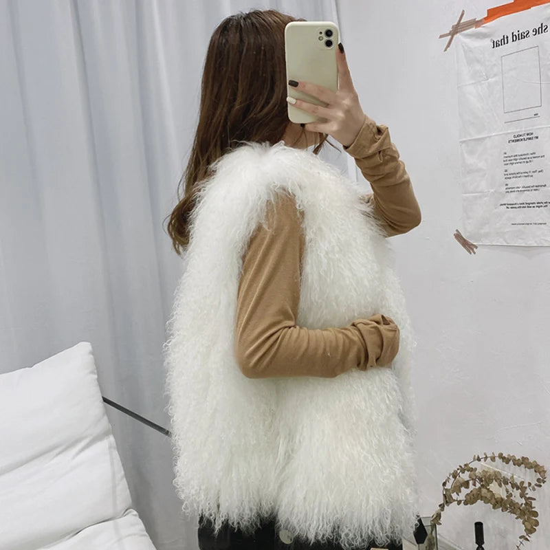 11 Colors Luxury Thick Warm Mongolia Sheep Fur Vest Women New Winter Hot V-neck Sexy Wool Fur Coat