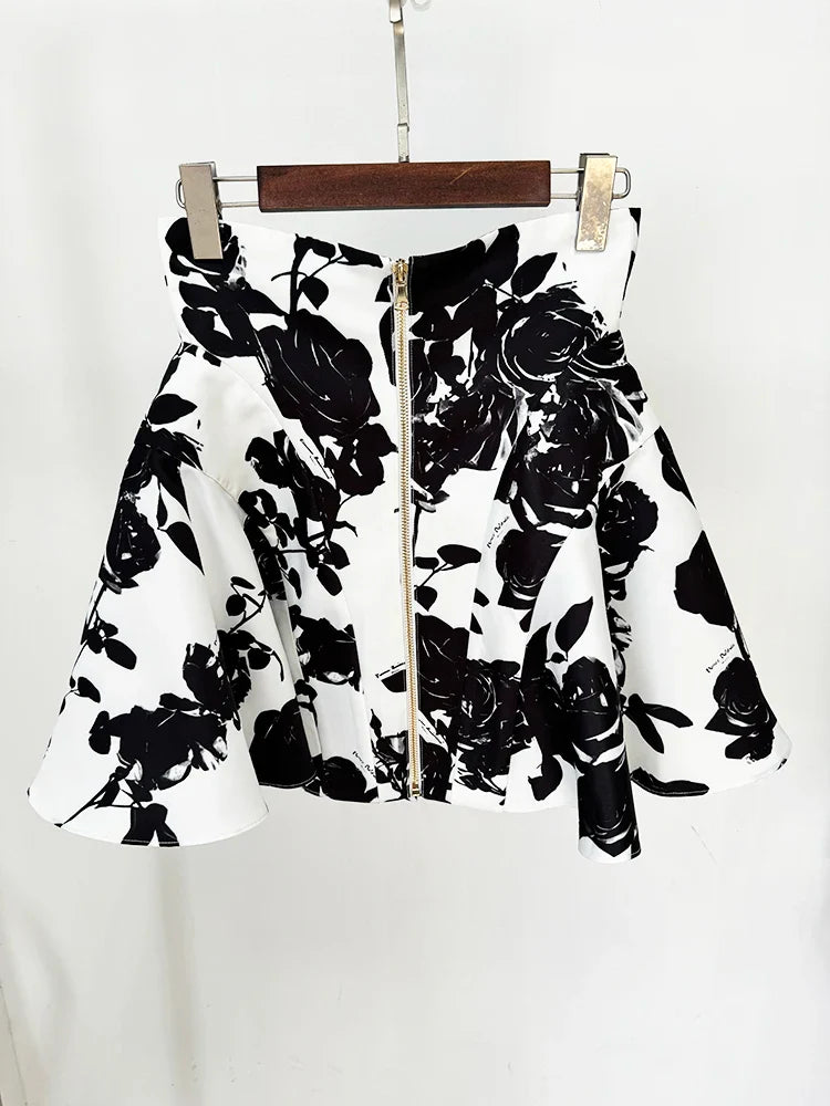 HIGH STREET Newest 2024 Runway Designer Fashion Women's Metal Rose Buttons Printed Floral Mini Skirt