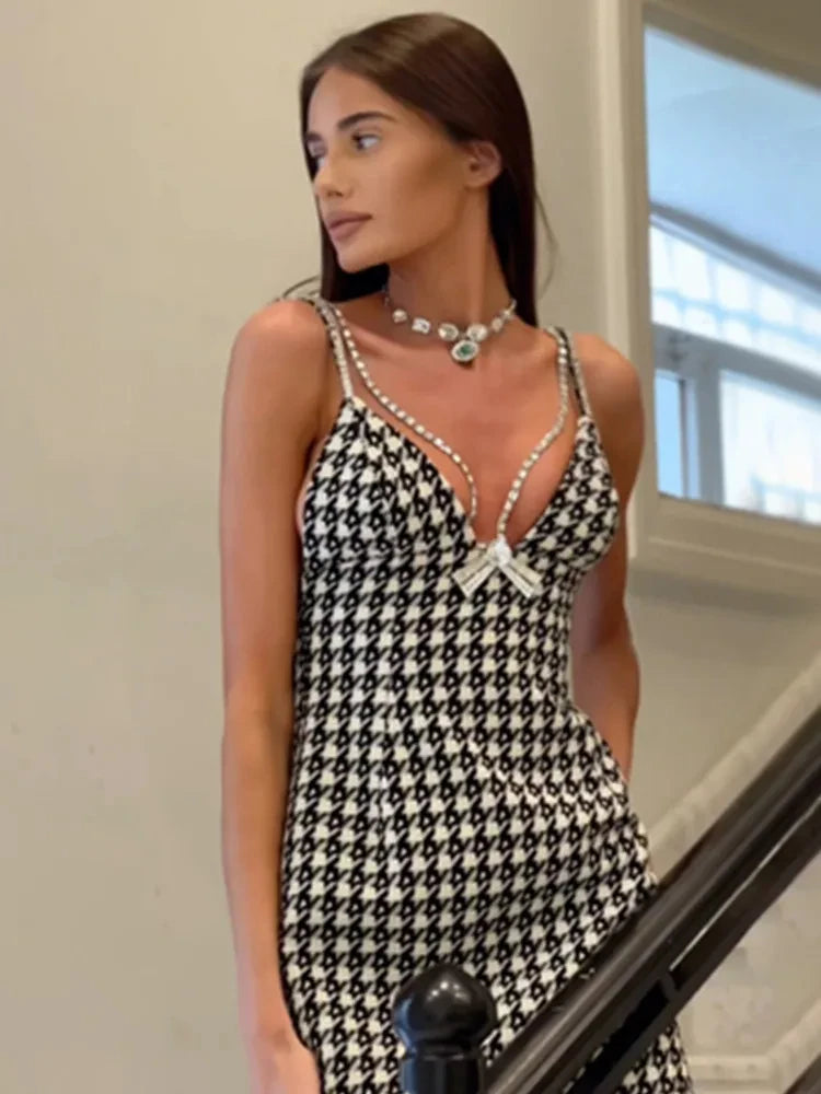 Women Summer Sexy Sleeveless Beading V Neck Houndstooth Mini Bodycon Prom Dress 2024 Elegant Evening Party Cocktail Club Dresses