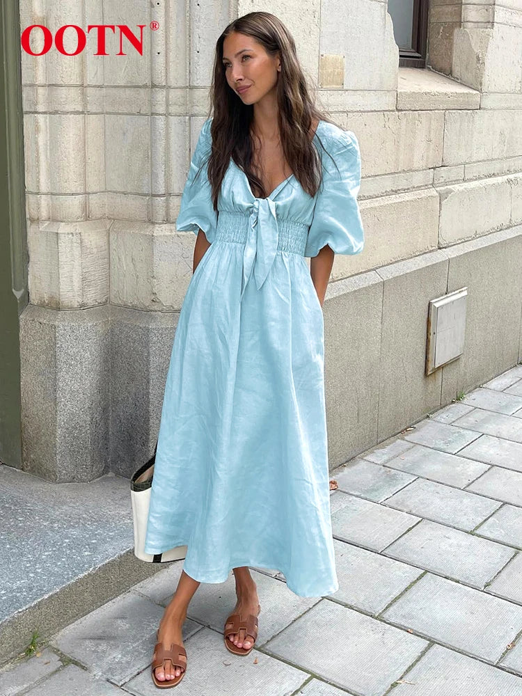 OOTN Sexy High Waist A Line Dresses Spring Elegant Blue Pleated Short Sleeve Dress Women Vintage Cotton Linen Summer Dress 2024