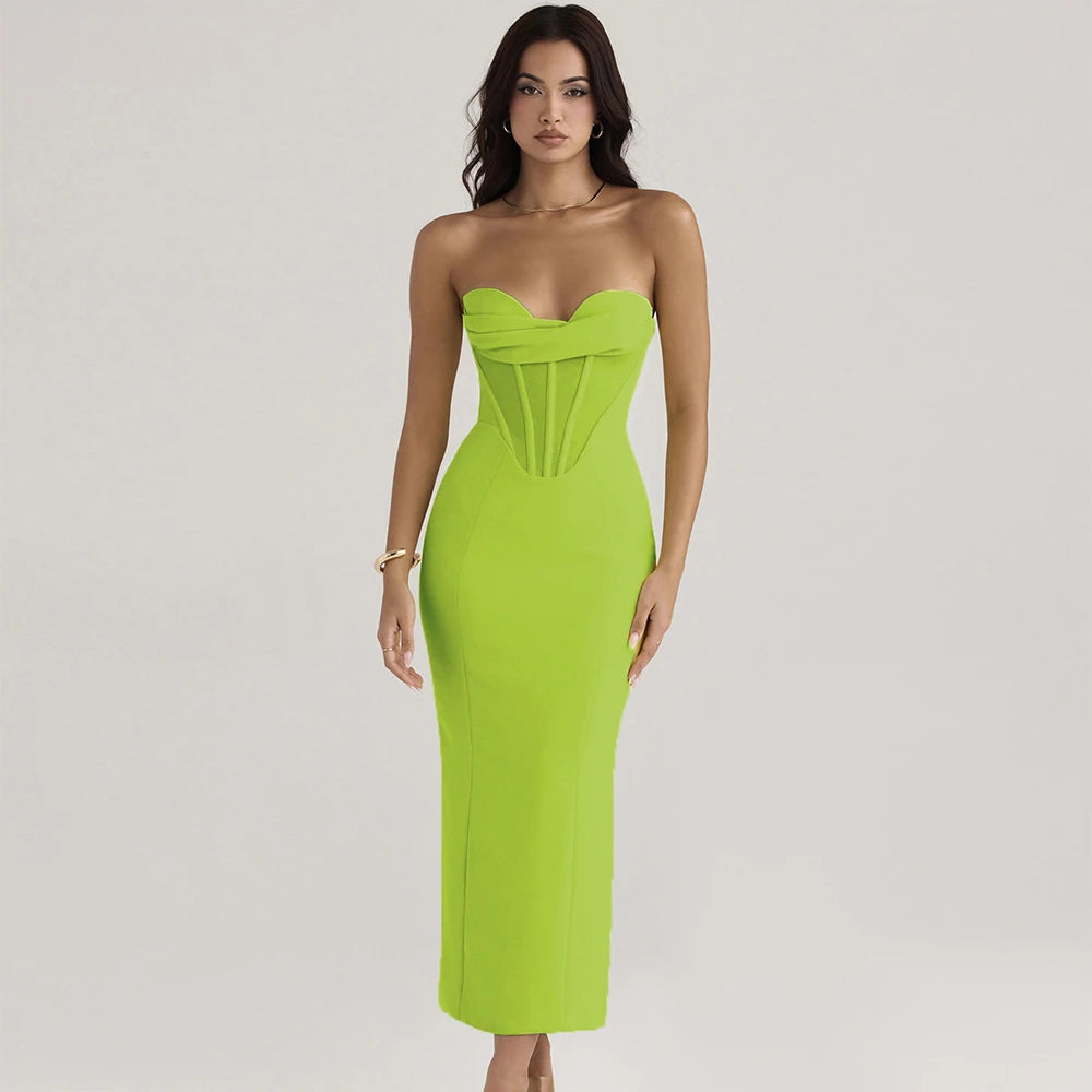 Elegant Women Strapless Bandage Dress Sexy Draped Bodycon Clothing Club Party Midi Dresses